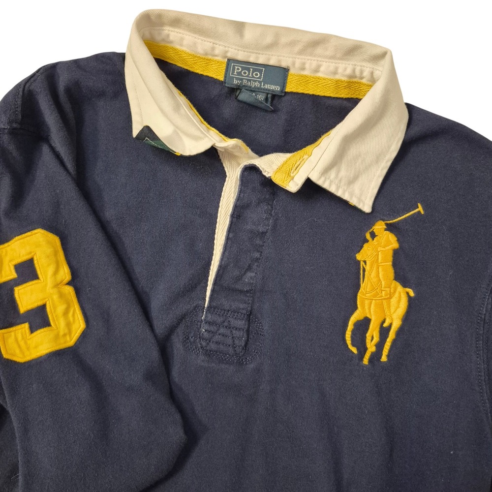 Polo Ralph Lauren Rugby Shirt Boys Large Navy Blue Big Pony Long Sleeve #3 Patch